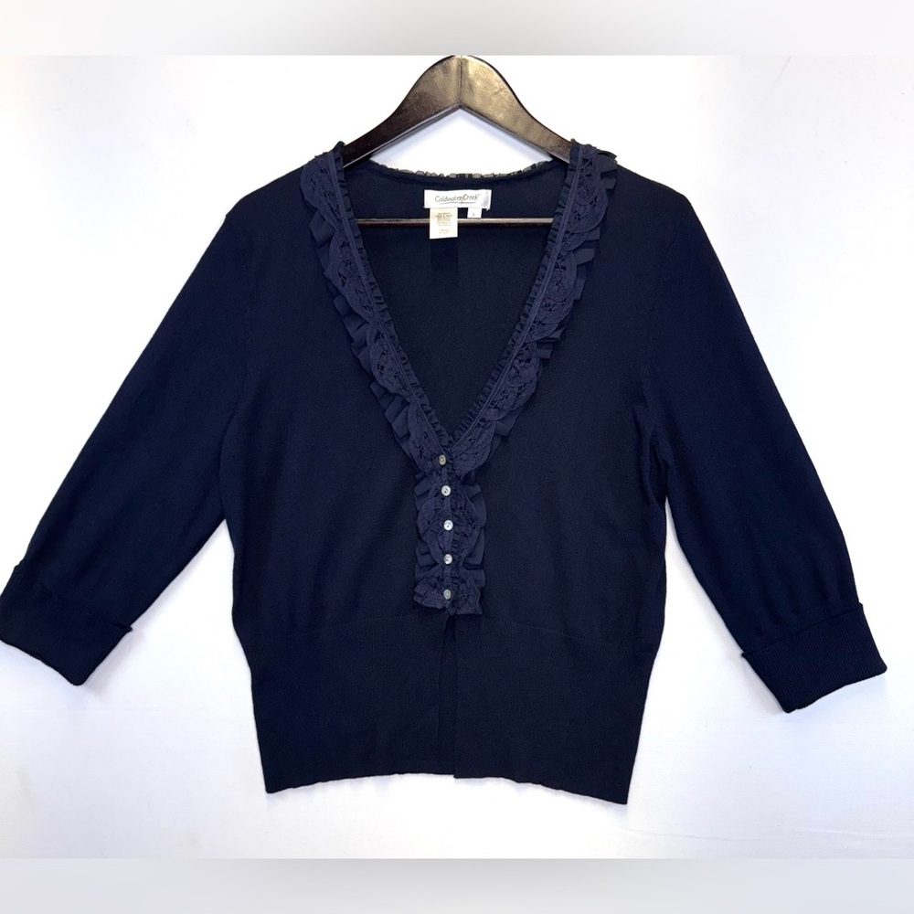 Coldwater Creek 3/4 sleeve V neck navy blue cardigan sweater Ruffle lace sz Lg